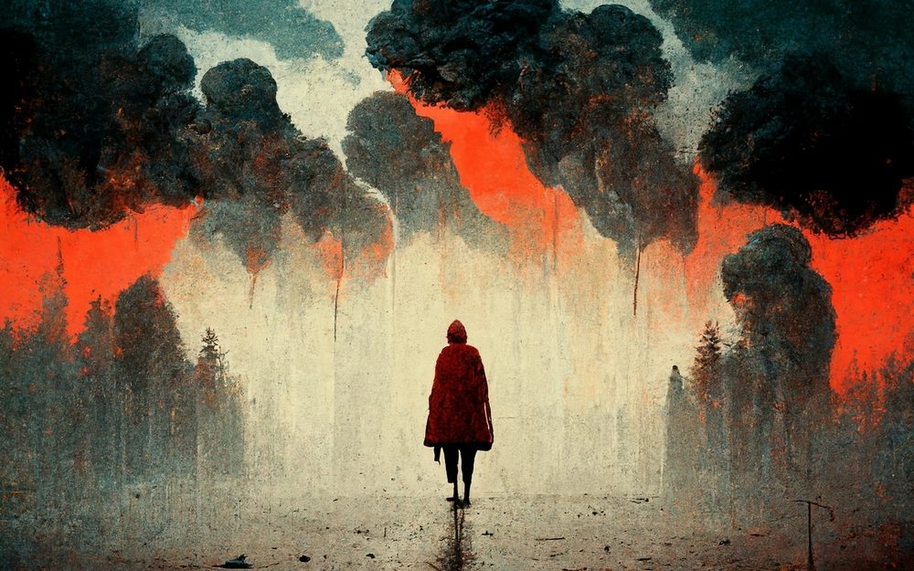 Illustration with a person wearing a red hood standing against a smoky background with large blocks of red and grey. The atmosphere is dystopian.
