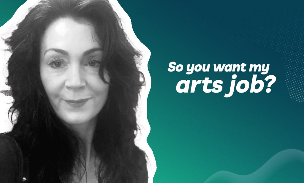 A photo of the face of drama therapist Anne Gollan with the text 'so you want my arts job?'