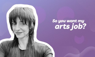 Anna Kolusniewski, visual arts teacher and costume and jewellery designer. Image is head and shoulders of woman with shoulder length hair and a fringe, looking knowingly at the camera against a purple background with the words 'so you want my arts job?' in white.