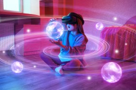 Mind Games. A young girl in a VR headset holds a virtual globe in her hands.