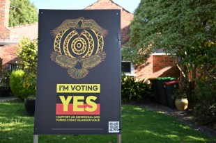 Voice. A Yes sign in a suburban front yard in Caulfield South.