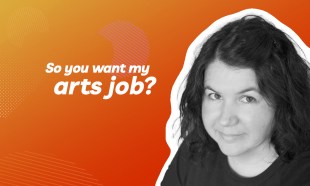 so you want my arts job. Image is orange background with a black and white headshot of a woman with shoulder length wavy hair looking up at the camera.