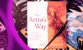 Book cover of The Artist's Way by Julia Cameron, photographed against a background of an oil painting with a calligraphy pen resting on top.