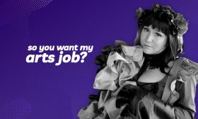 Kirilee Cosplay. Photo: Supplied. A cutout portrait of a Caucasian woman dressed up with a frilly dress and hair accessories. The portrait is black and white on a purple background, with the words ‘so you want my arts job?’