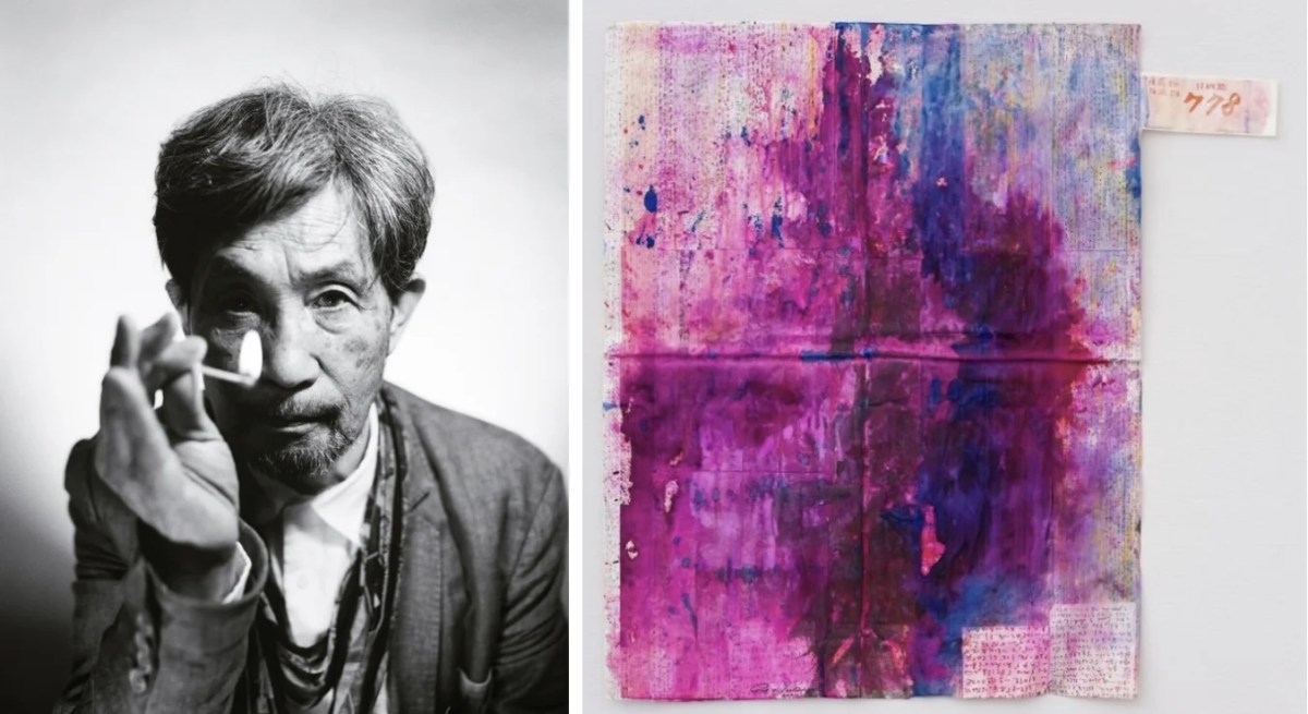 From left, a portrait of Gozo Yoshimasu, Photo: Masashi Asada; and Gozo Yoshimasu, Voix I, 2019-21. Courtesy: the artist and Take Ninagawa, Tokyo.